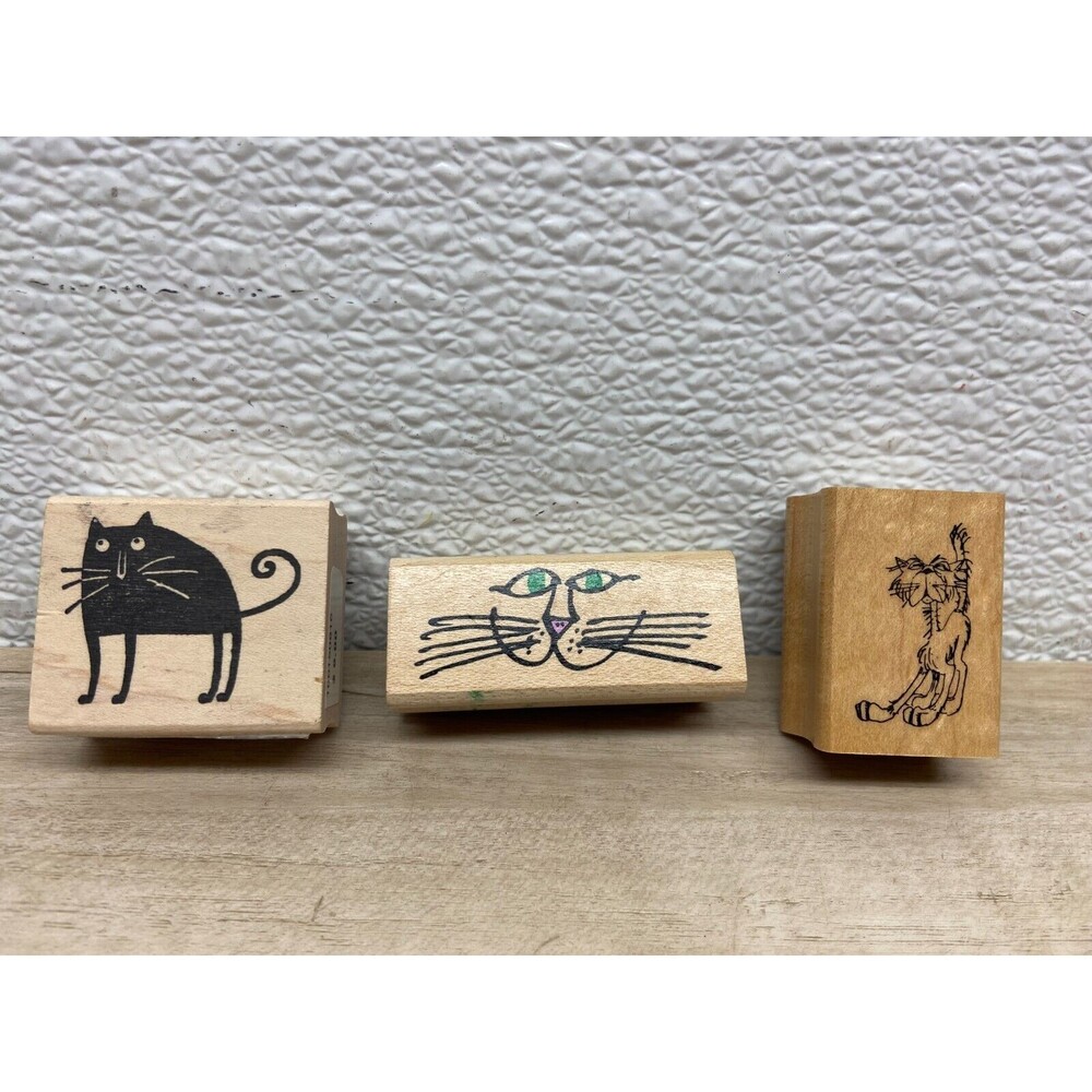 Set Of 3 Mixed Brands Cats Wood Mounted Rubber Stamps